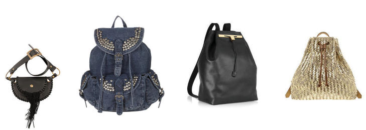 RYGGSEKKEN: Fra venstre: Magetaske til 149 kroner fra Cubus, naglesekk fra Topshop koster 370 kroner, kjendisenes variant fra The Row koster 23 500 kroner hos net-a-porter.com og glitresekken koster 104o kroner hos asos.com.