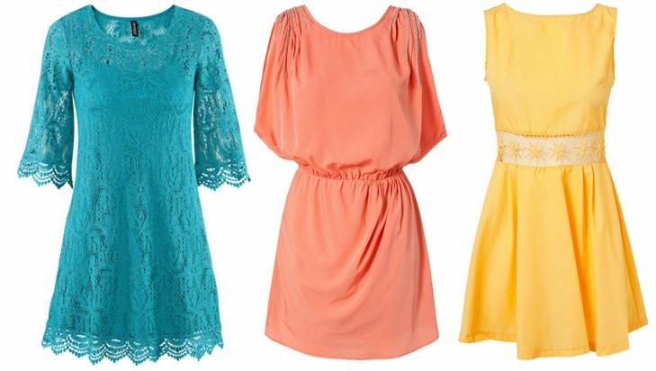 KORTE BEIN? Da gjelder det � holde lengden kort nok. L�rkort er en fin lengde for deg med korte bein. Fra venstre: Turkis blondekjole fra H&M, kr 249. Korallfarget fra Vila, kr 399, gul og fresh fra Ax Paris hos Nelly.com, kr 249. FOTO: Produsenten, Nelly.com