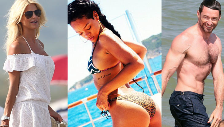 KJENDISER P� ST. TROPEZ: Kjendiser som Victoria Silvstedt (t.v), Rihanna og Hugh Jackman bruker ferien til � slikke sol p� St. Tropez. Foto: Stella Pictures