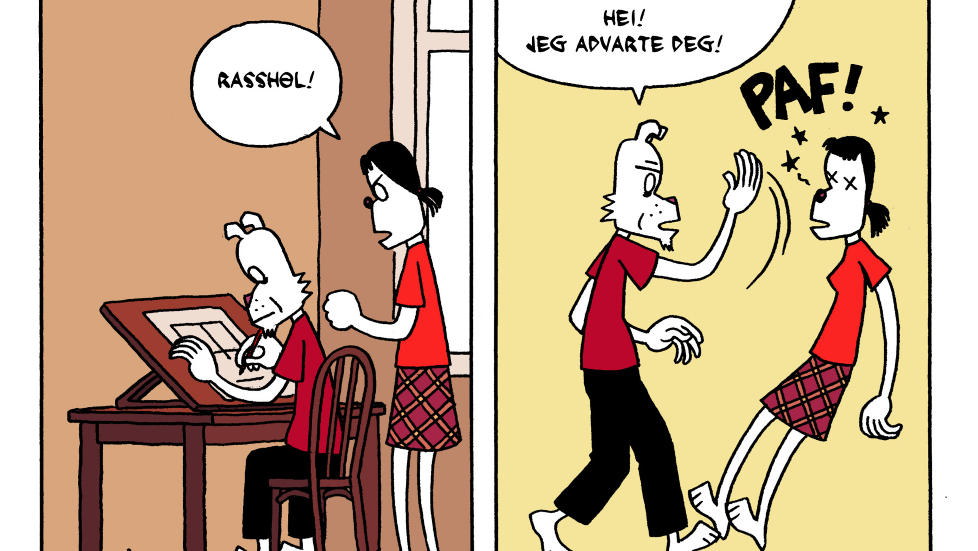 SELVIRONISK HUMOR: Jason tegner seg selv inn i universet p� s�rdeles 
lite flatterende vis. Foto: Faksimile fra boka