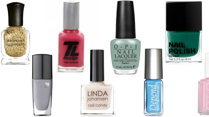 HELE REGNBUEN: Gullakk fra Deborah Lippmann, 199,-, Minilakk fra Lanc�me, 155,-, R�d lakk fra TL Design, 149,-, Beige lakk fra Linda Johansen, 139,-, Gr�nn lakk fra OPI, 159,-, Bl� minilakk fra Depend, 25,-, Gr�nn lakk fra H&M, 39,50, Rosa lakk fra Essie, 129,-. Foto: Produsentene