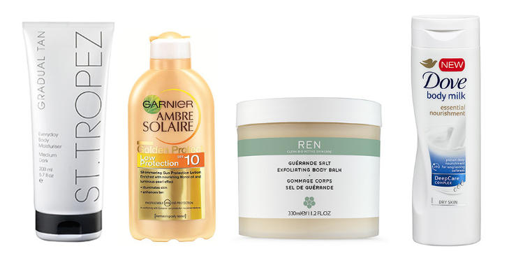 GODT FOR FARGEN: St. Tropez Gradual Self Tan ( kr 229), Garnier Golden Protect ( kr 89), REN Exfoliating Body Balm ( kr 295), Dove Body Milk ( kr 59).  FOTO: Produsent, nelly.no