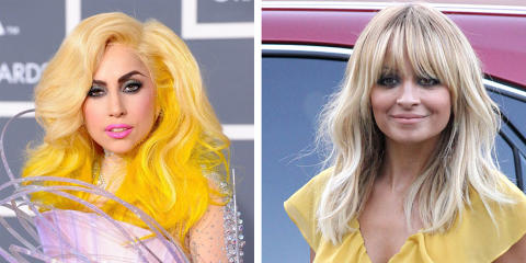 IKKE HELT DET SAMME: Lady Gaga har den mer ekstreme varianten av gult h�r, mens Nicole Richie passer p� at lokkene er lyseblonde, uten verken gul- eller gr�nnskj�r.  FOTO: Stella Pictures/Beaut.ie