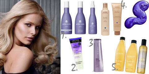 HOLD P� BLONDFARGEN: 1. Cool Silver serien fra Bj�rn Ax�n, fra kr 175, Vita.  2. Sheer Blonde sjampo fra John Frieda, kr 79, Coop/Rimi. 3. Colour Rescue sjampo fra Joico, kr 169, Nikita. 4. Blue Malva sjampo og balsam fra Aveda, fra 69, Lookfantastic.com. kr 5. Blonde Glam produkter fra Redken, fra kr 79, Beautybay.com. FOTO: Produsenten