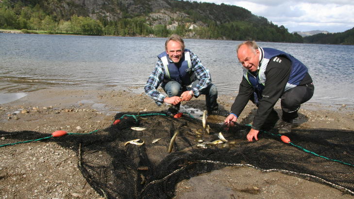 PÅ FISKETUR: Rune Berge (til venstre) og Bjørn Moi i Camp Moi på Jæren frister med minst 50 små fjellørret som skal stekes på grillen. Vårt mål er å få folk ut i naturen, sier Bjørn Moi og henter inn en kastenot med garantert fangst. Foto: KIRSTEN MARGRETHE BUZZI PÅ FISKETUR: Rune Berge (til venstre) og Bjørn Moi i Camp Moi på Jæren frister med minst 50 små fjellørret som skal stekes på grillen. Vårt mål er å få folk ut i naturen, sier Bjørn Moi og henter inn en kastenot med garantert fangst. Foto: KIRSTEN MARGRETHE BUZZI