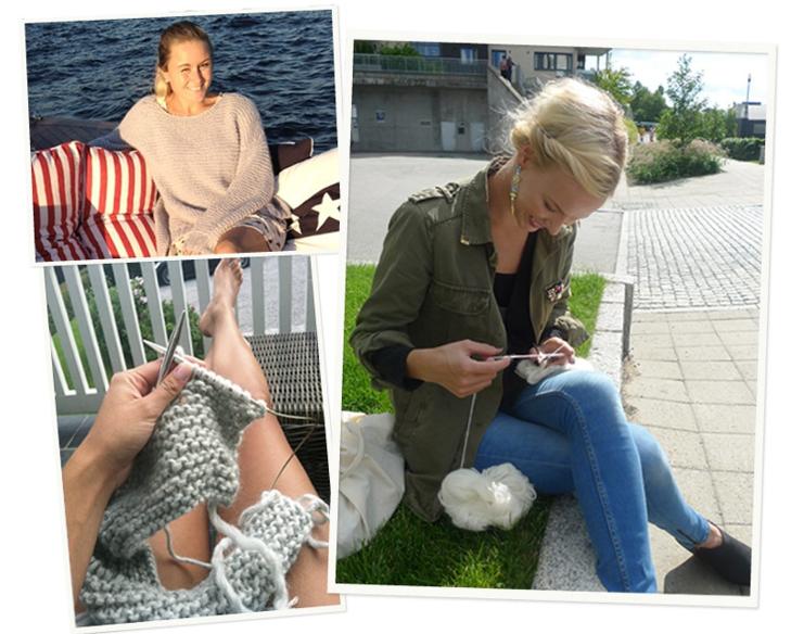 VI STRIKKER OGS�: Henriette (�verst) er ferdig og nyter fruktene p� b�ttur. Karine (stort bilde) jobber med det siste ermet, mens Charlotte (nederst) strikker snart sine siste ullmasker p� Skappel-genseren. FOTO: Privat