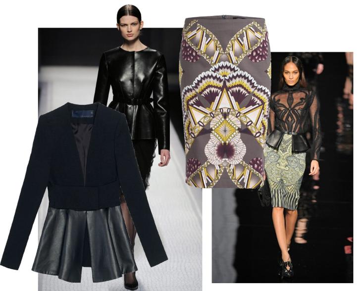 SKINNBLAZER OG BLYANTSKJ�RT: Skinn er superhot i h�st. Vi ser det blant annet hos Alberta Ferretti. Og hos Zara. Blyantskj�rtet er bare � omfavne f�rst som sist. De viste det blant annet hos Etro, men Lindex har billigvarianten. FOTO: Produsentene og Catwalkpix