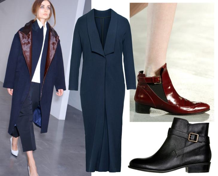 FLATE ANKELBOOTS OG MINIMALISTISK K�PE: To klassikere i skapet, men i stedet for 20 000 for en k�pe, s� m� du ut med kr 1395 hos Zara. Og de fine skoene hos Derek Lam, kan du f� i en litt annen versjon hos Din Sko. FOTO: Produsentene og Catwalkpix