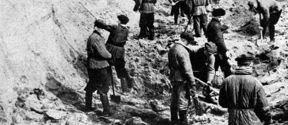 FORBRYTELSEN: Det var slike bilder amerikanske krigsfanger ble vist av tyskerne i Katyn i 1943. Her graves polske lik fra massakeren i 1940 opp. Dette bildet er tatt 1. April 1943  AFP PHOTO / FILES PAP/CAF