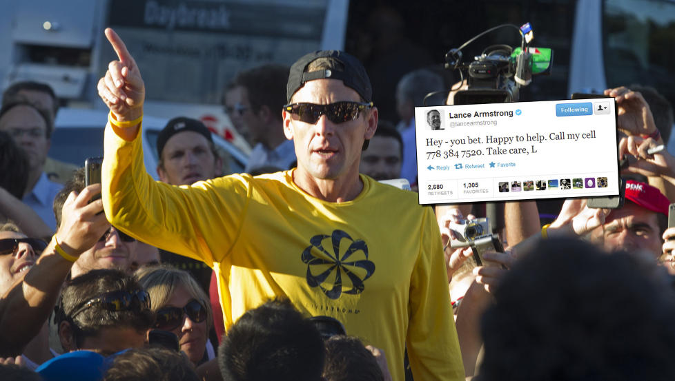 MYSTISK MELDING: Lance Armstrong la ut denne meldingen p� Twitter i natt. Telefonnummeret er trolig kanadisk. P� bildet er Armstrong foran en l�petur med fans i Montreal i nettopp Canada. Foto: CHRISTINNE MUSCHI / REUTERS / NTB SCANPIX
