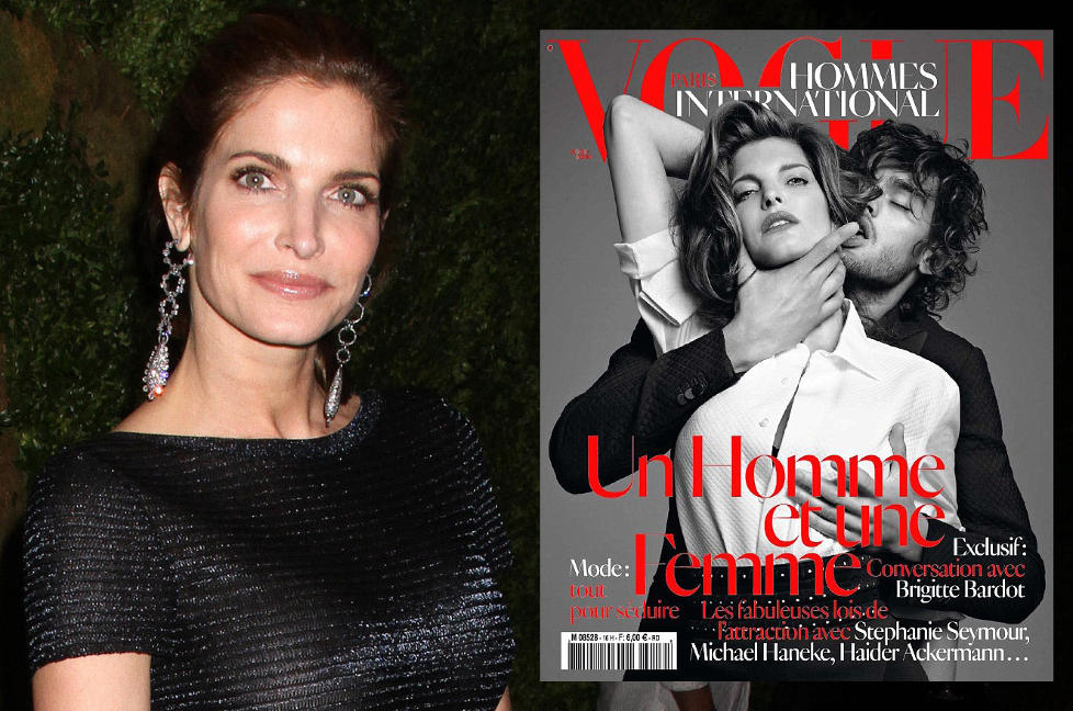 OVER STREKEN?: Denne Vogue-forsida med den ikoniske modellen Stephanie Seymour (44) f�r kvinnegrupper til � rase. - Kvelning burde ikke brukes for � selge blader, sier gruppene Sanctuary for Families, Safe Horizons, NOW NYC og Equality Now. Foto: Stella Pictures / Faksimile Vogue Hommes International