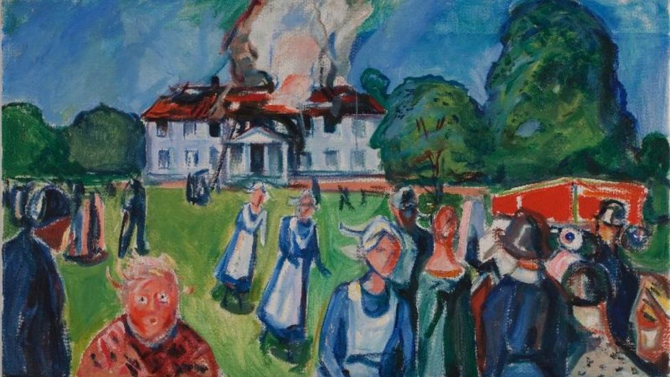 DET BRENNER! Da Munch stilte opp staffeliet foran en brann i nabolaget, ba han brannfolkene slutte � slukke. - Det blir jo bare r�yk, mente maleren. Foto fra boka.