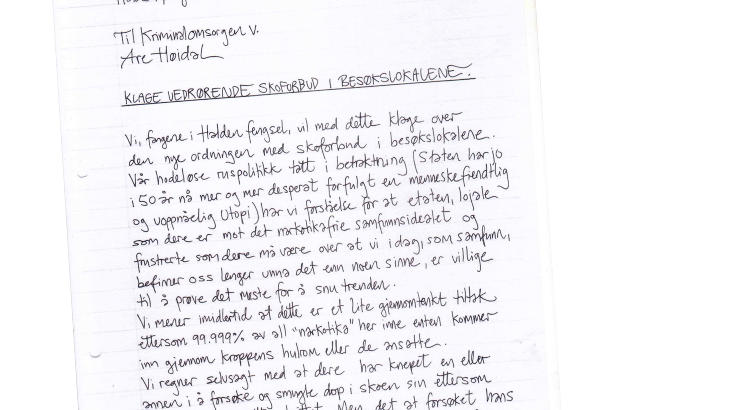 MISFORNØYD MED SKOFORBUD: 138 innsatte ved Halden fengsel har signert denne klagen. Foto: Faksimile fra brevet MISFORNØYD MED SKOFORBUD: 138 innsatte ved Halden fengsel har signert denne klagen. Foto: Faksimile fra brevet
