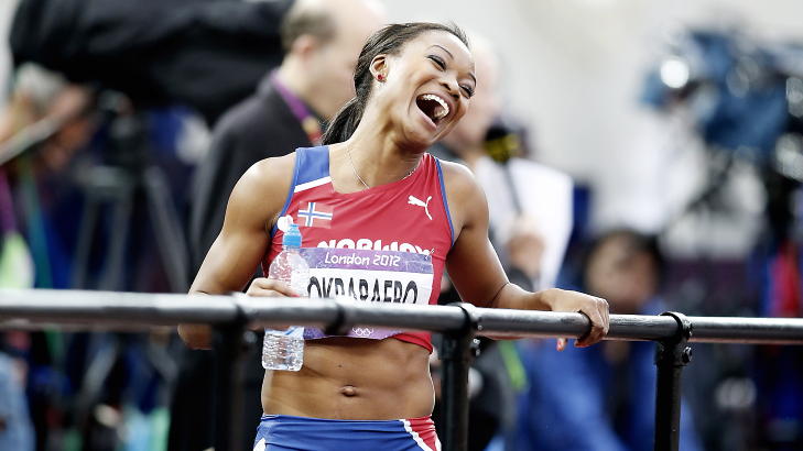 GLADJENTE: 25-�rige Ezinne forbedret sin egen norske rekord til 11,10 p� 100 meter under OL i London. S�nt kan man smile av. Foto: Bj�rn Langsem
