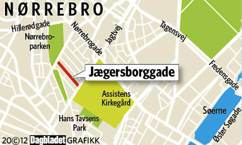 HER ER DET: J�gersborggade i K�benhavn. Grafikk: KJELL ERIK BERG
