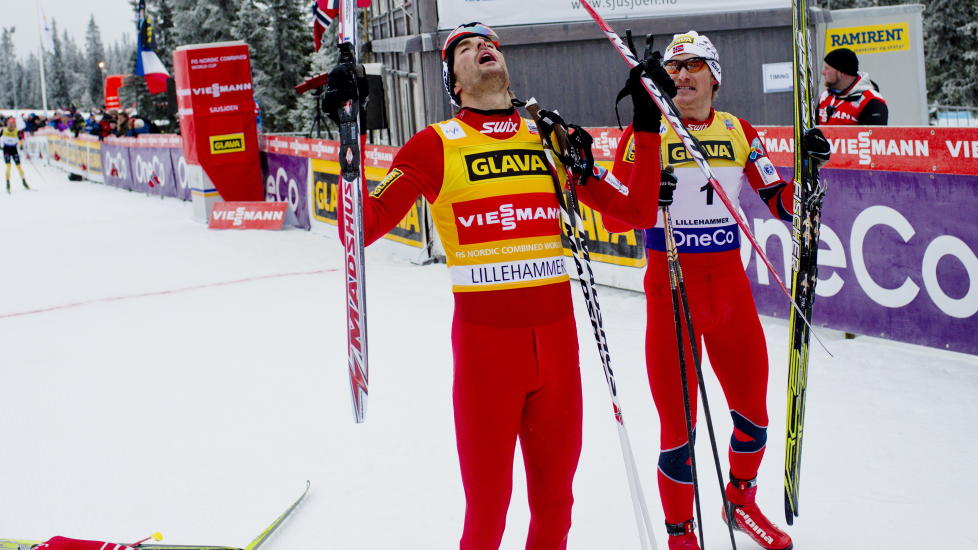 VANT IGJEN: Magnus Moan gjorde som i g�r, og vant dagens kombinertrenn p� Sjusj�en. H�vard Klemetsen (t.h.) kom p� andreplass.
Foto: STIAN LYSBERG SOLUM / NTB SCANPIX