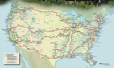 AMTRAK: Kj�rer i 46 stater, til 500 forskjellige destinasjoner, p� 33 800 km jernbanestrekninger.