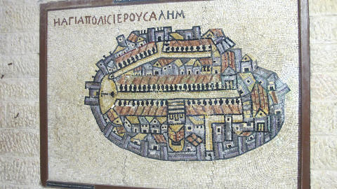 MADABAKARTET: Kartet er en kopi av en mosaikk som ble funnet i en kirke i Madaba i Jordan, og er et kart over Jerusalem datert til rundt 500 �r etter Kristus. Foto: PETTER L�KEN