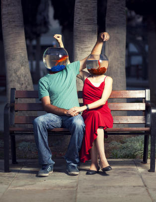 Tar bilder av mennesker med fiskebolle som hode