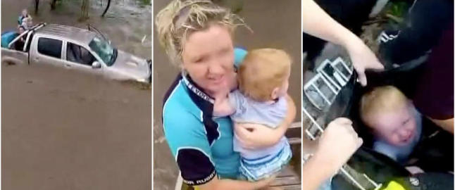 Familiebilen tas av den dødelige flommen - gutt reddes ut i bag