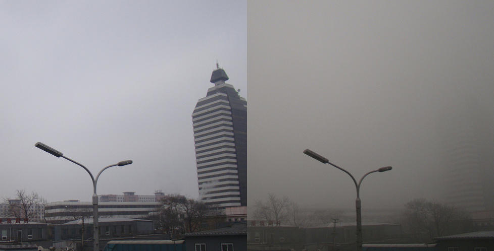 TO UKERS MELLOMROM: Beijing-bildet til venstre er tatt i midten av januar, det til h�yre er et par dager gammelt. Foto: REUTERS / NTB SCANPIX