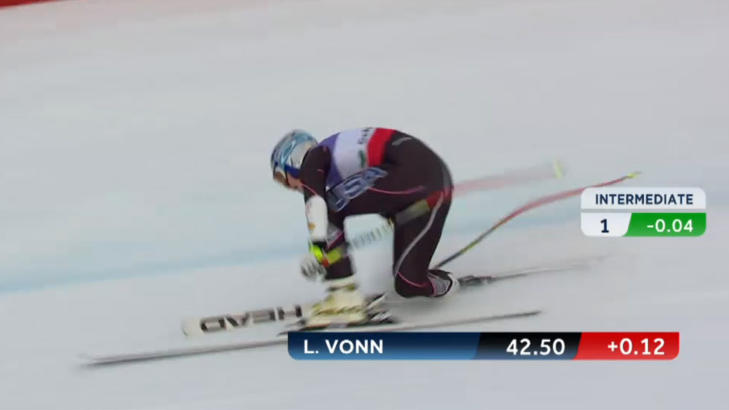 VRIDNING: Lindsey Vonn f�r en vridning i foten f�r hun faller. Det skal dreie seg om en korsb�ndskade. Foto: NRK