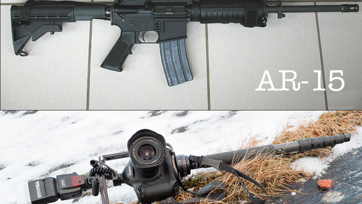 HVA ER FARLIGST?: Nathan Lediard har laget denne fotomontasjen av en AR-15 og hans eget «våpen». HVA ER FARLIGST?: Nathan Lediard har laget denne fotomontasjen av en AR-15 og hans eget «våpen».