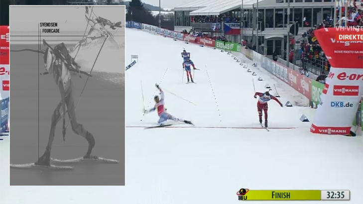 2,4 CENTIMETER: Her er det offisielle bildet (t.v) fra juryen som viser at Hegle Svendsen var f�rst. Hovedbildet er skjermdump fra NRK