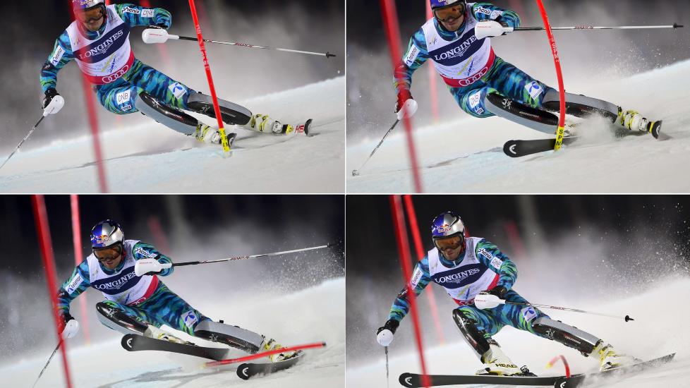 MISSET I PORTEN: Aksel Lund Svindal satset alt f�r han misset p� en port og m�tte avbryte slal�m-delen. Foto: AFP PHOTO / FABRICE COFFRINI / NTB scanpix