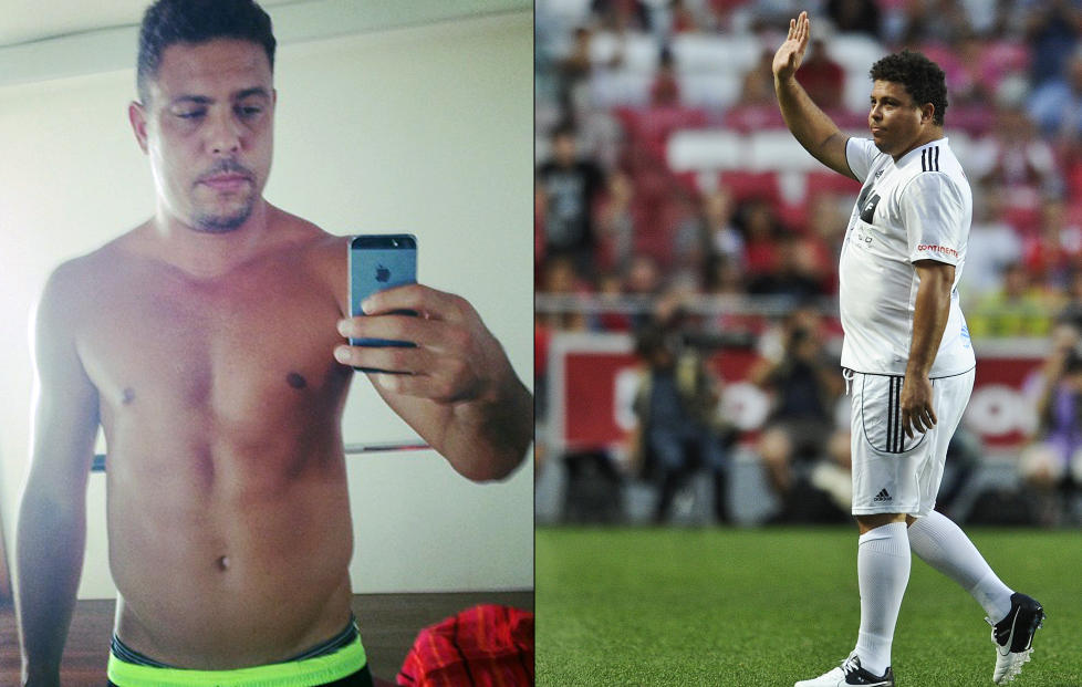 SLANKE-FENOMENET: Ronaldo viste i g�r fram resultatet av h�stens og vinterens slankekur. Bildet til h�yre er fra en veldedighetskamp i Portugal i juli 2012. Foto: RONALDO/INSTAGRAM og PATRICIA DE MELO, AFP / NTB SCANPIX