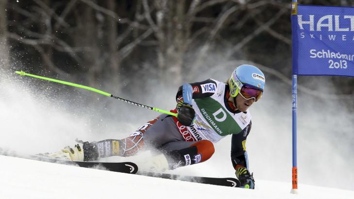 UTILN�RMELIG: Ted Ligety leder 1,30 sekund foran Aksel Lund Svindal etter f�rste omgang. Foto: LUCA BRUNO, AP / NTB SCANPIX