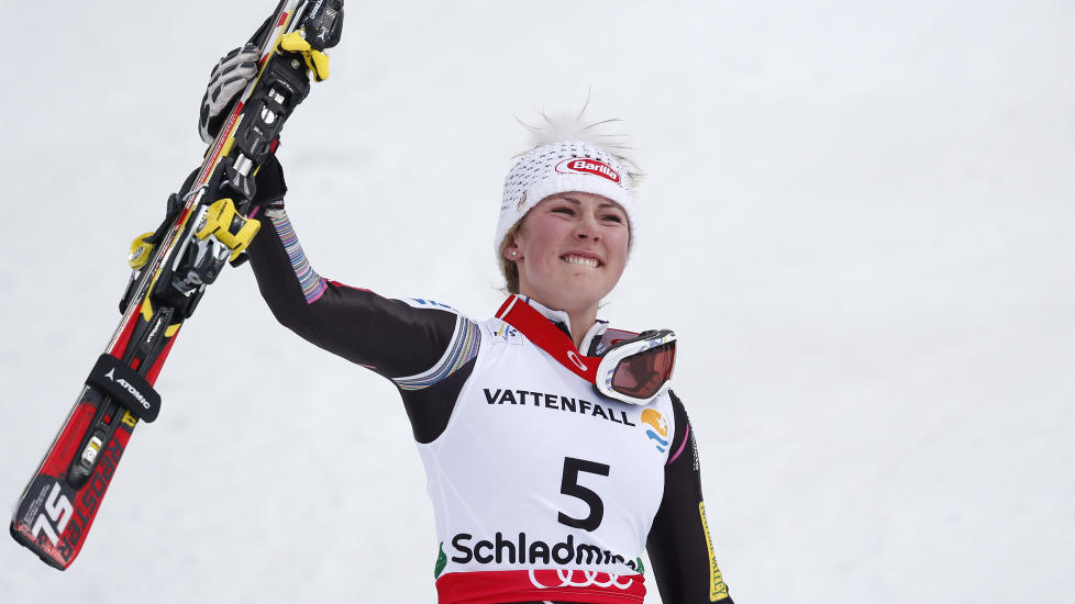 GULL: Mikaela&nbsp;Shiffrin fra USA tok VM-gull i slal�m. Foto: AP Photo/Matthias Schrader