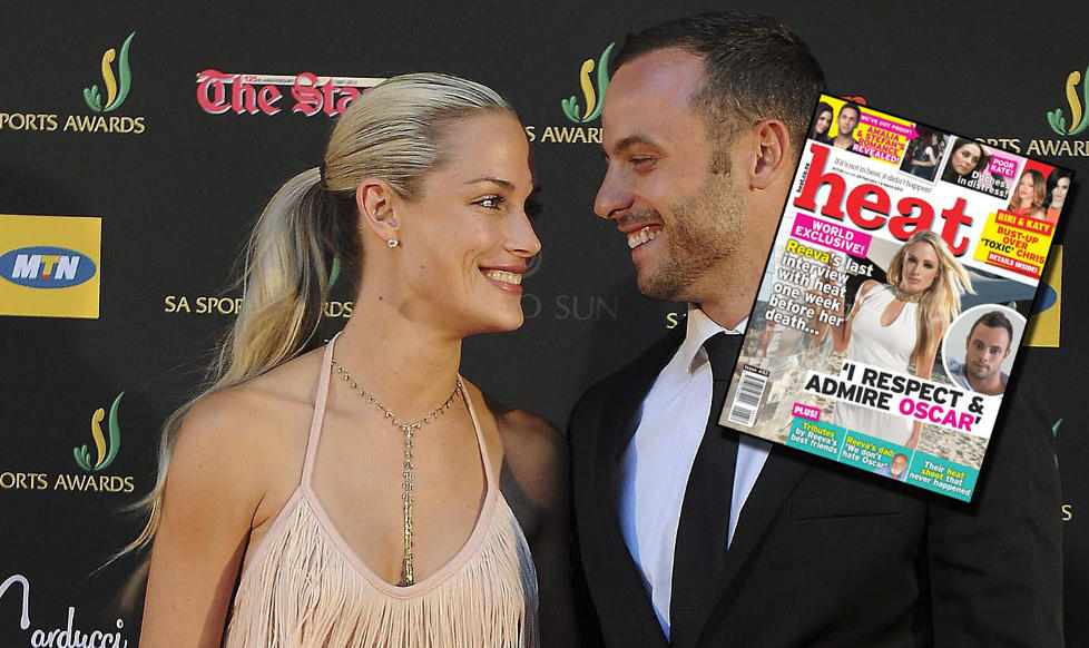 INTERVJUET F�R DRAPSKVELDEN: Reeva Steenkamp ble intervjuet av magasinet Heat bare sju dager f�r hun ble skutt av kj�resten Oscar Pistorius. Foto: EPA/NTB Scanpix, faksimile: Heat.