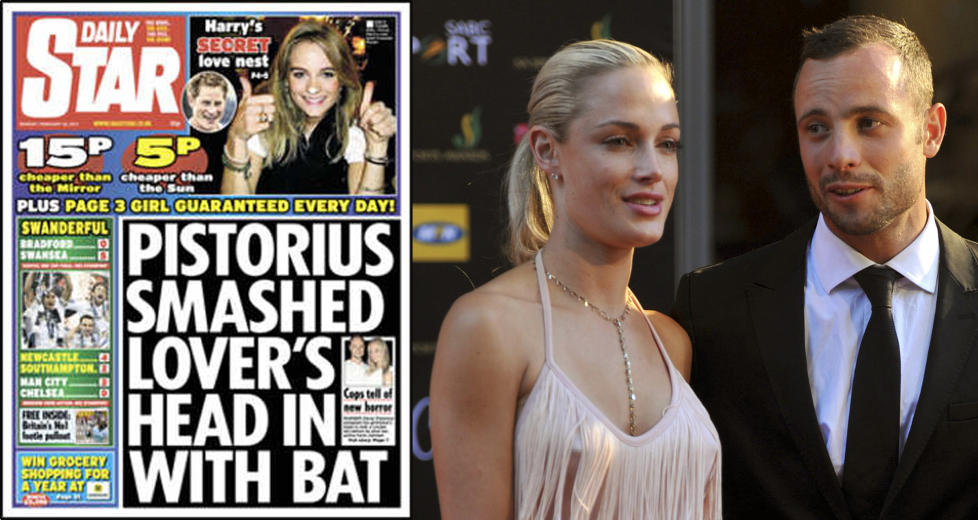 TILBAKEVISER: Britiske Daily Star hevder i dag at Oscar Pistorius skal ha brukt et balltre kvelden kj�resten Reeva Steenkamp ble drept. En bekjent av Steenkamp som identifiserte liket, tilbakeviser p�standen. Foto: AP Photo. FAKSIMILE: Daily Star.