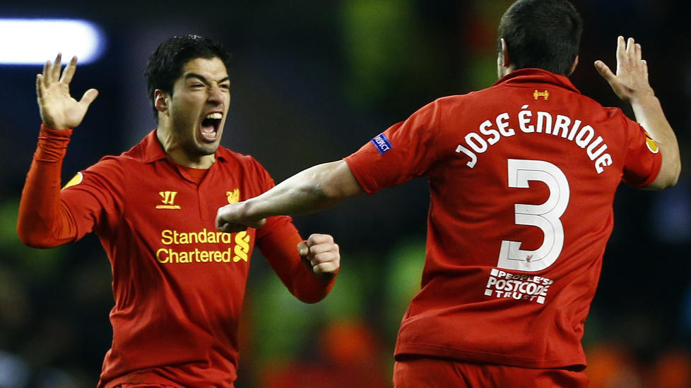 EUROPA-MANKO: Luis Su�rez (t.v.) og Jose �nrique jublet vilt for scoring mot Zenit St. Petersburg, men det ble Europa-stopp likevel. N� ser det ut til at det maksimalt blir Europa League ogs� neste �r. Foto: Darren Staples / Reuters / NTB Scanpix