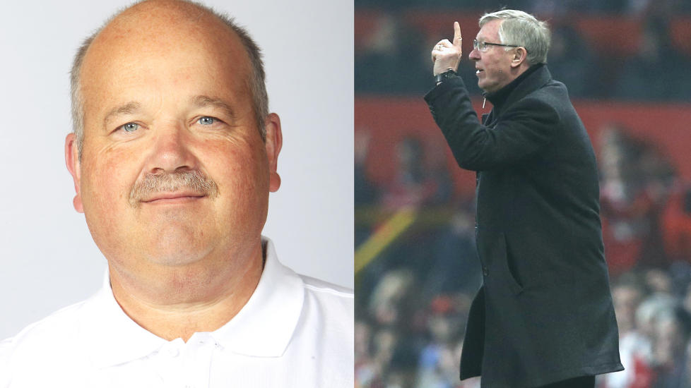 FIKK KJEFT: Jon Jamessen var Uefas mediedelegat p� Old Trafford i g�r kveld. Uefa-merket p� jakka var nok til at NFFs mediesjef fikk en skylleb�tte av sir Alex Ferguson da skotten gikk rasende i garderoben etter tapet mot Real Madrid. Foto: CORNELIUS POPPE, NTB SCANPIX og PHIL NOBLE, REUTERS