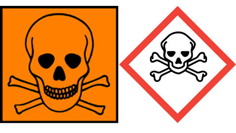 GIFTIG: Akutt giftig, små mengder kan forårsake livsfarlig forgiftning eller død. Det gamle symbolet hadde også teksten giftig eller meget giftig under. GIFTIG: Akutt giftig, små mengder kan forårsake livsfarlig forgiftning eller død. Det gamle symbolet hadde også teksten giftig eller meget giftig under.