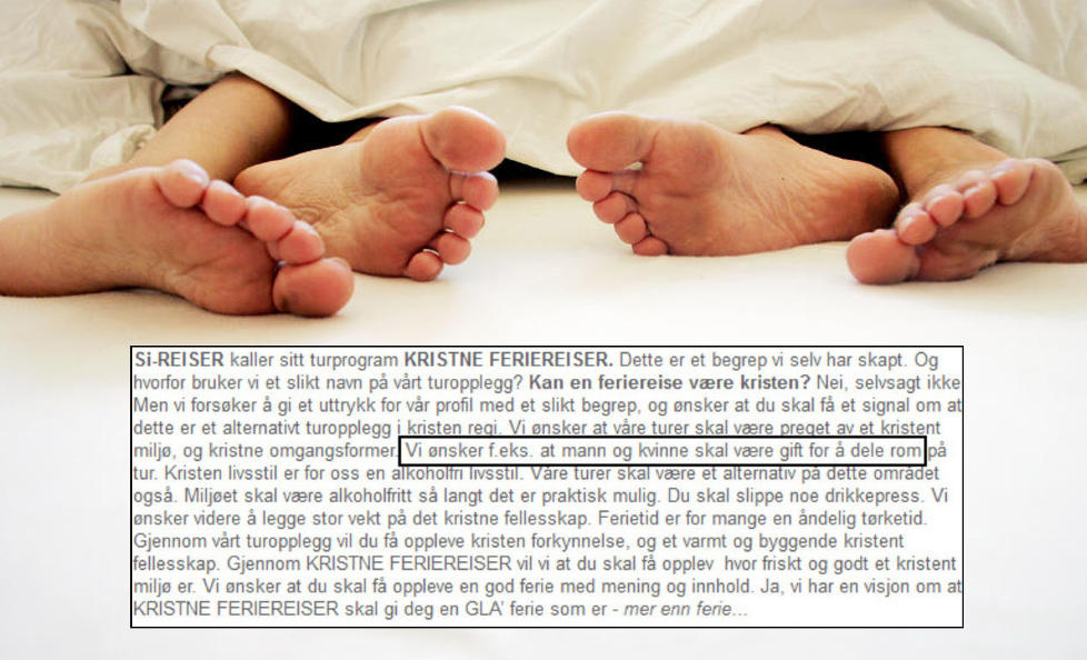 SOVEREGLER: Turoperat�ren Si-Reiser vil at deres reisende er gift om de skal dele rom. Foto: Sara Johannessen / Scanpix og skjermbump fra Si-Reisers nettside