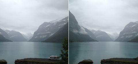 FJERNER: Bobilen skjemmer inntrykket av en �de villmark, og vi fjerner den med Photo Fixer. Legg imidlertid merke til at den erstatter bobilen med mer grus og ikke vann, s� appen er ikke helt perfekt. Foto: Hallvard Lunde