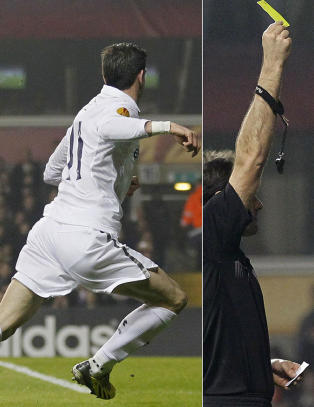 Her får Gareth Bale sitt sjette gule kort for filming