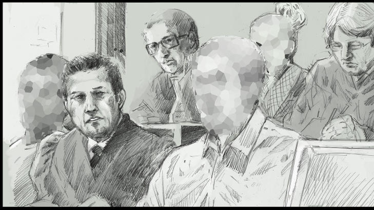 ERKJENNER SKYLD: Alle de fire tiltalte erkjenner straffskyld for ranene av de �tte mennene. Tegning: Fedor Sapegin