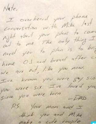 Nate fryktet foreldrenes reaksjon p� at han er homofil. S� fikk han dette brevet fra faren