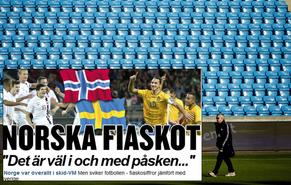 NORSK FIASKO: Svenske Expressen mener det er en fiasko at Norge ikke en gang har solgt halvparten av billettene til fredagens kvalikk-kamp mot Albania. Foto: Stian Lysberg Solum / NTB scanpix