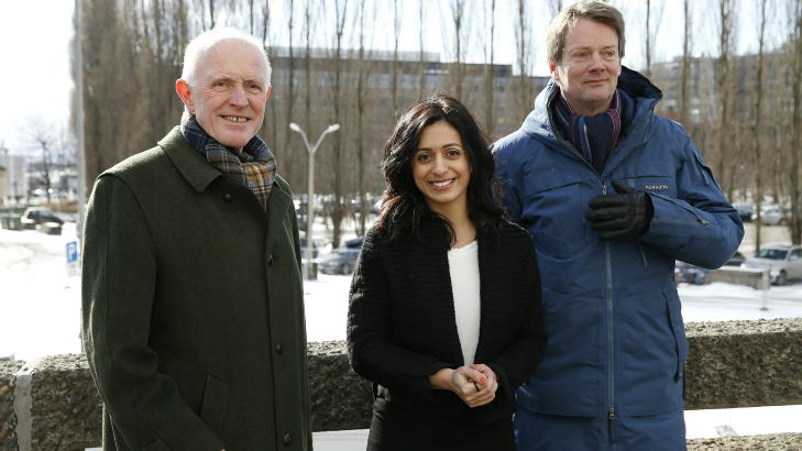 FEIRER: Kulturminister Hadia Tajik, flankert av Audun Eckhoff (til h�yre.), direkt�r for Nasjonalmuseet, og �ivind Christoffersen, direkt�r i Statsbygg, presenterer proposisjon om nytt nasjonalmuseum for bildekunst p� Vestbanen. Foto: STEINAR BUHOLM