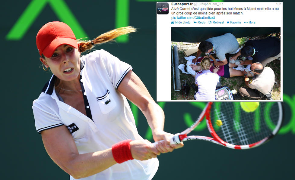 HETESLAG: Alize Cornet fikk det t�ft i varmen, og p�dro seg heteslag. Foto: Al Bello/Getty Images/AFP/NTB scanpix og faksimile fra Eurosport.fr