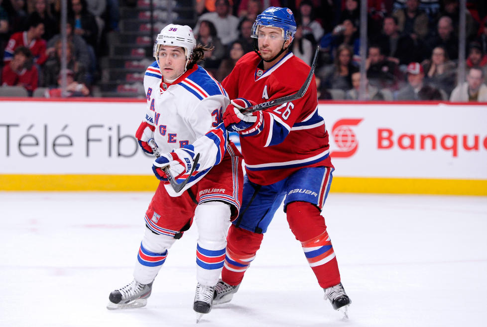 M�LL�S: Mats Zuccarello Aasen hadde ett skudd p� m�l, men verken han eller lagkompisene klarte � score mot Josh Gorges og Montreal Canadiens i natt.Foto: Richard Wolowicz / Getty Images / AFP / NTB Scanpix