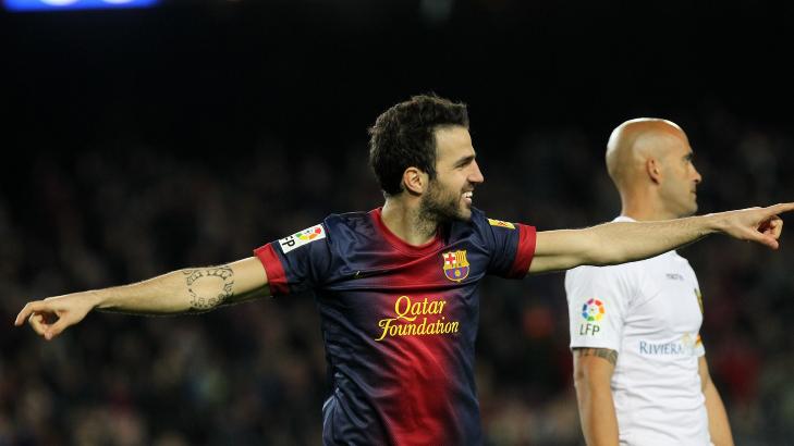 MINSKET SAVNET AV MESSI: Cesc Fabregas scoret sitt f�rste hattrick i karrieren. Foto: AFP PHOTO / QUIQUE GARCIA / NTB scanpix