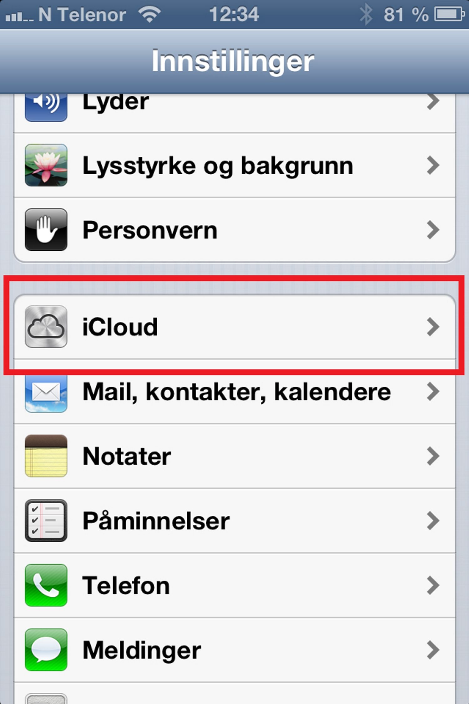 1. Funksjonen for � finne og slette en mistet iPhone eller iPad (fungerer ogs� p� Mac) finner du under iCloud, og innstillinger. Denne funksjonen M� v�re aktivert f�r telefonen blir mistet eller stj�let. Etterp� er det for sent. Foto: Skjermbilder