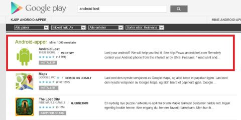 1. Hvis du allerede har mistet telefonen din, kan du logge inn i Google Play i nettleseren og finne appen Android Lost. Logg inn med Google-kontoen din, og klikk p� Installer (Dette kan naturligvis ogs� gj�res fra telefonen). Foto: HjemmePC/Skjermbilde
