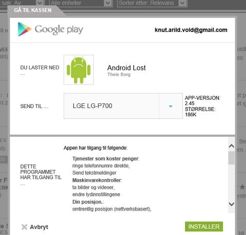 2. Hvis du har flere enheter koblet til Google-kontoen din, velger du riktig enhet fra �Send til�-menyen, og klikker deretter �Installer�. Har du telefonen tilgjengelig, kan du starte appen og gi den administrasjonsrettigheter for � f� tilgang til alle funksjonene. Foto: HjemmePC/Skjermbilder